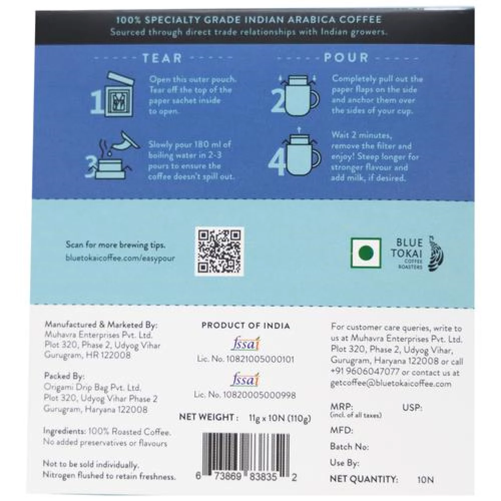 Blue Tokai Easy Pour Coffee Brew Bags Mixed Bag Light To Dark Roast, 110 g (10 Sachets x 11 g each)-2.webp